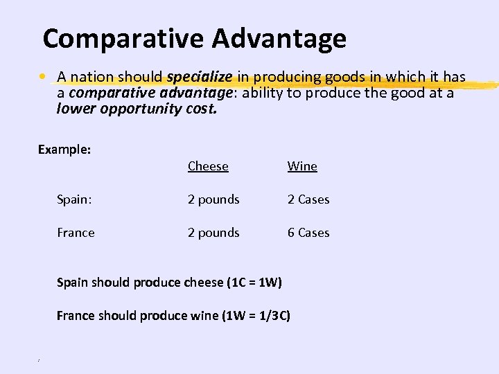 Comparative Advantage • A nation should specialize in producing goods in which it has