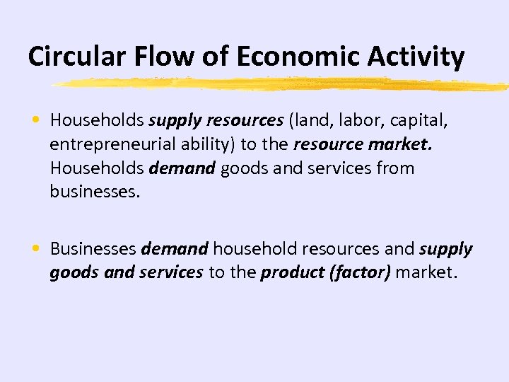 Circular Flow of Economic Activity • Households supply resources (land, labor, capital, entrepreneurial ability)