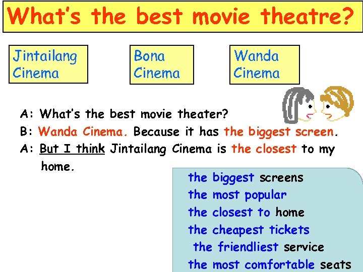 What’s the best movie theatre? Jintailang Cinema Bona Cinema Wanda Cinema A: What’s the