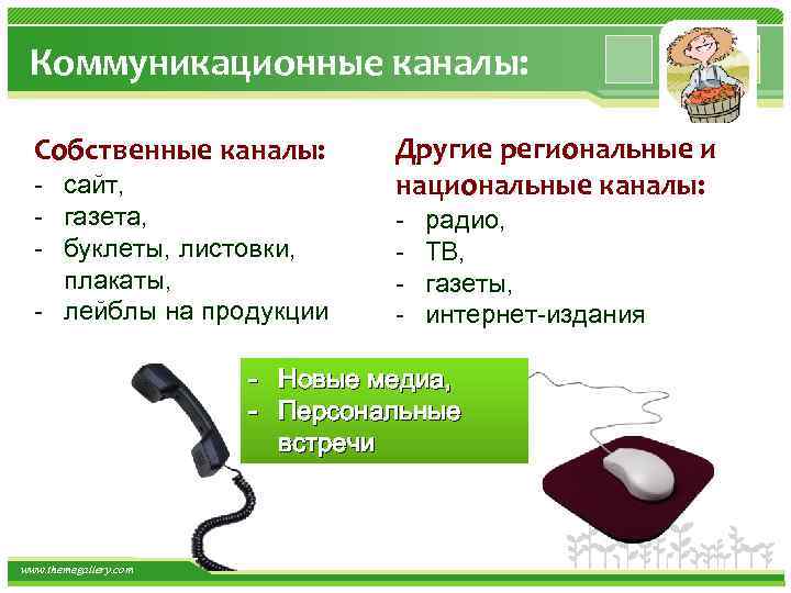 Коммуникационные каналы: Собственные каналы: - сайт, - газета, - буклеты, листовки, плакаты, - лейблы