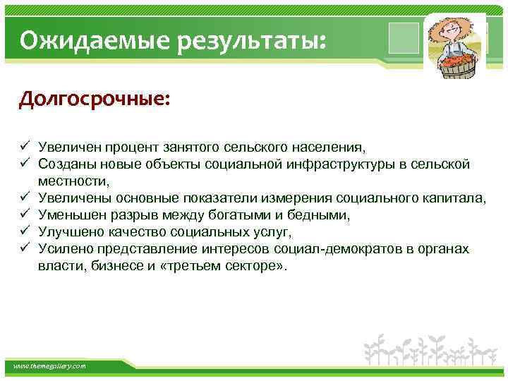 Ожидаемые результаты: Долгосрочные: ü Увеличен процент занятого сельского населения, ü Созданы новые объекты социальной