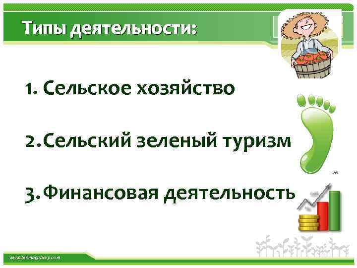 Типы деятельности: 1. Сельское хозяйство 2. Сельский зеленый туризм 3. Финансовая деятельность www. themegallery.