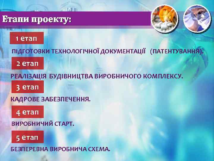 Етапи проекту: 1 етап ПІДГОТОВКИ ТЕХНОЛОГІЧНОЇ ДОКУМЕНТАЦІЇ (ПАТЕНТУВАННЯ). 2 етап РЕАЛІЗАЦІЯ БУДІВНИЦТВА ВИРОБНИЧОГО КОМПЛЕКСУ.