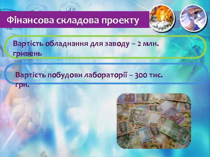 Фінансова складова проекту Вартість обладнання для заводу – 2 млн. гривень Вартість побудови лабораторії