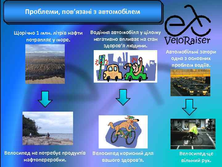 Проблеми, пов’язані з автомобілем Щорічно 1 млн. літрів нафти потрапляє у море. Велосипед не