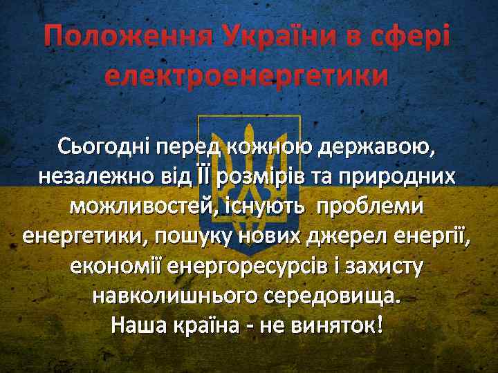 Положення України в сфері електроенергетики Сьогодні перед кожною державою, незалежно від ЇЇ розмірів та