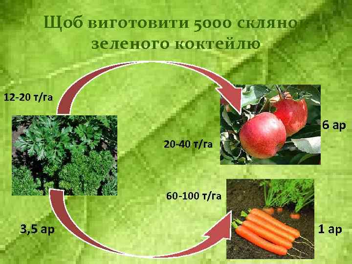 Щоб виготовити 5000 склянок зеленого коктейлю 12 -20 т/га 6 ар 20 -40 т/га