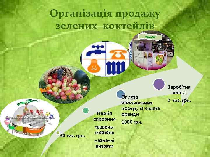 Організація продажу зелених коктейлів Power. Juice 30 тис. грн. Оплата комунальних послуг, та сплата