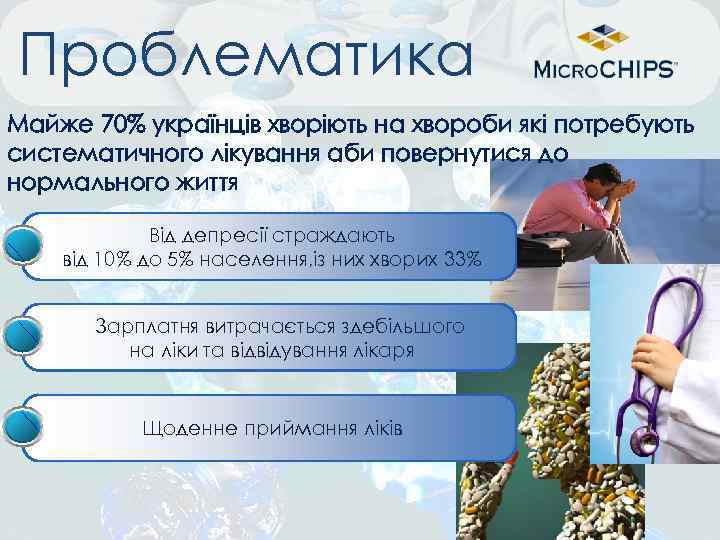 Проблематика Майже 70% українців хворіють на хвороби які потребують систематичного лікування аби повернутися до