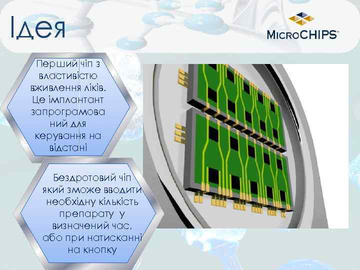Ідея Перший чіп з властивістю вживлення ліків. Це імплантант запрограмова ний для керування на