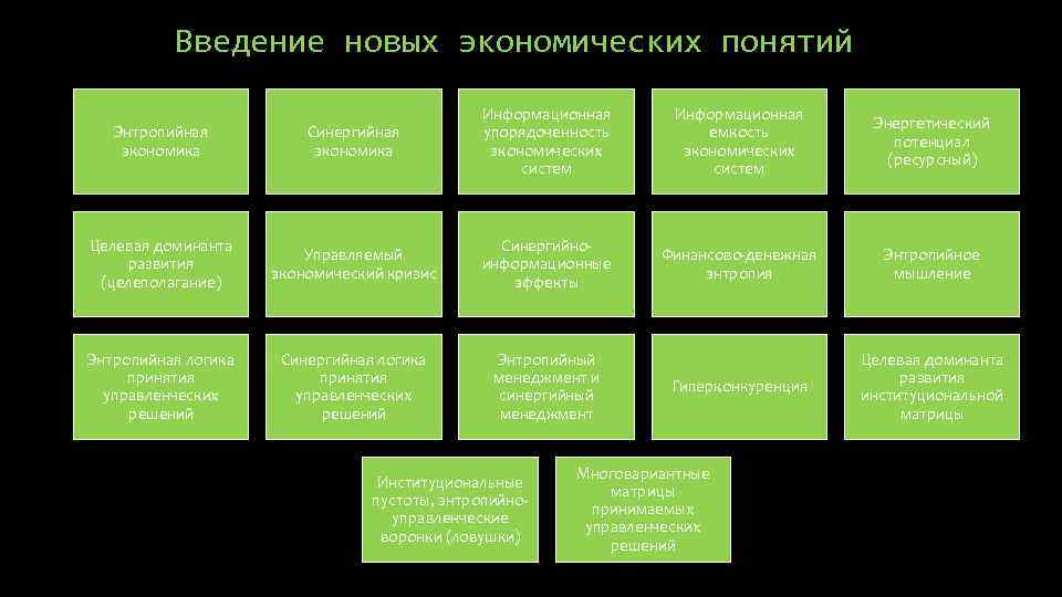 Введение новых экономических понятий Энтропийная экономика Синергийная экономика Информационная упорядоченность экономических систем Целевая доминанта