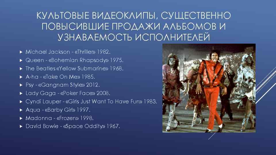 КУЛЬТОВЫЕ ВИДЕОКЛИПЫ, СУЩЕСТВЕННО ПОВЫСИВШИЕ ПРОДАЖИ АЛЬБОМОВ И УЗНАВАЕМОСТЬ ИСПОЛНИТЕЛЕЙ Michael Jackson - «Thriller» 1982.