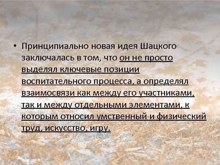  • Принципиально новая идея Шацкого заключалась в том, что он не просто выделял