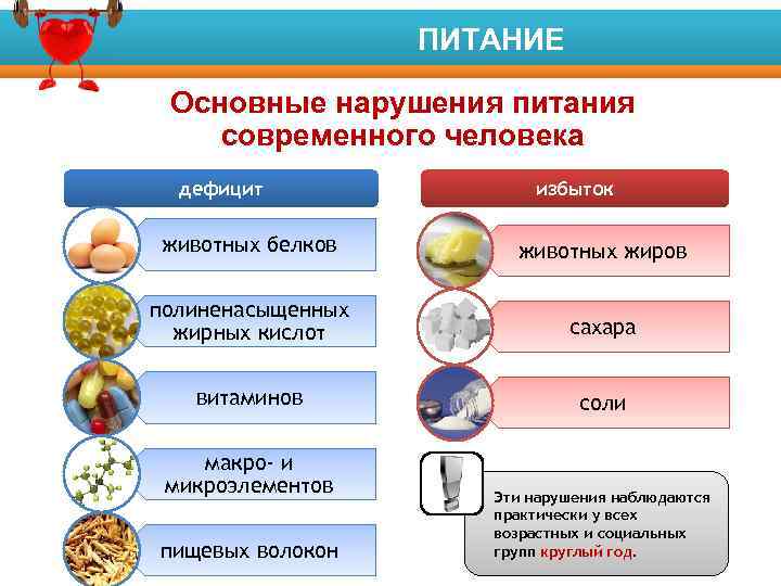 ПИТАНИЕ Факторы риска развития заболеваний Основные нарушения питания современного человека дефицит избыток животных белков