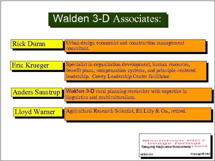 Walden 3 -D Associates: Rick Duran Urban design economist and construction management consultant. Eric