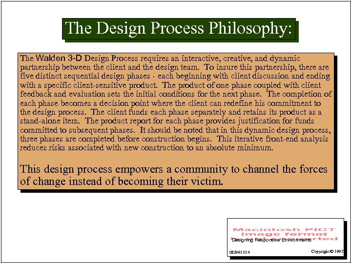 The Design Process Philosophy: The Walden 3 -D Design Process requires an interactive, creative,