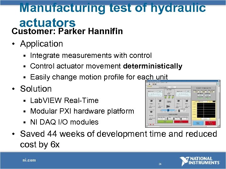 Manufacturing test of hydraulic actuators Customer: Parker Hannifin • Application Integrate measurements with control
