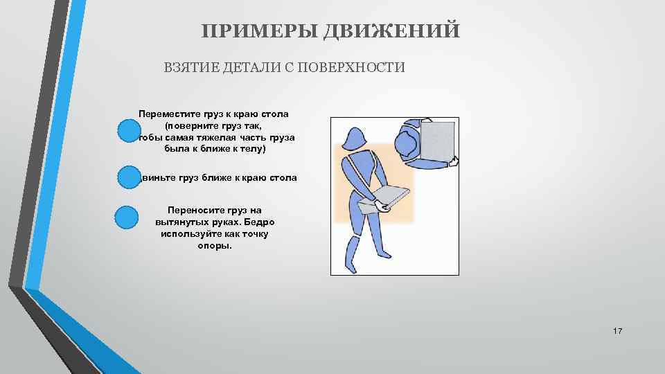 ПРИМЕРЫ ДВИЖЕНИЙ ВЗЯТИЕ ДЕТАЛИ С ПОВЕРХНОСТИ Переместите груз к краю стола (поверните груз так,