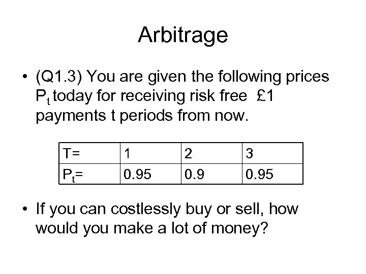 Arbitrage • (Q 1. 3) You are given the following prices Pt today for