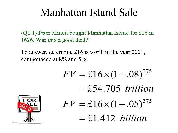 Manhattan Island Sale (Q 1. 1) Peter Minuit bought Manhattan Island for £ 16