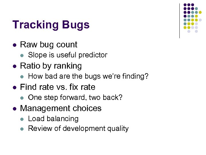 Tracking Bugs l Raw bug count l l Ratio by ranking l l How