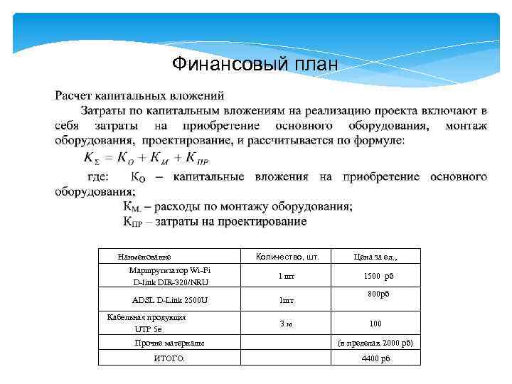 Финансовый план Наименование Количество, шт. Цена за ед. , Маршрутизатор Wi-Fi D-link DIR-320/NRU 1