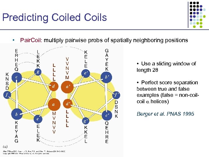 Predicting Coiled Coils • Pair. Coil: multiply pairwise probs of spatially neighboring positions •