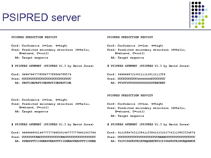 PSIPRED server PSIPREDICTION RESULTS Conf: Confidence (0=low, 9=high) Pred: Predicted secondary structure (H=helix, E=strand,