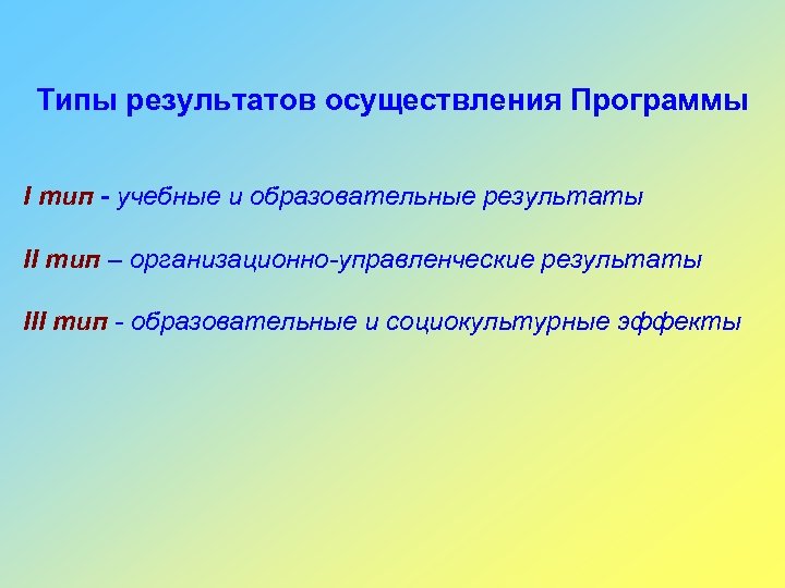 Типы результатов осуществления Программы I тип - учебные и образовательные результаты II тип –