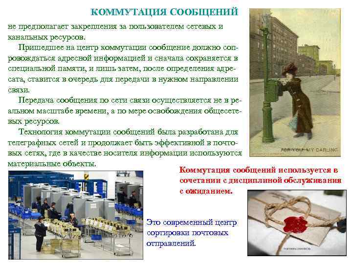 КОММУТАЦИЯ СООБЩЕНИЙ не предполагает закрепления за пользователем сетевых и канальных ресурсов. Пришедшее на центр