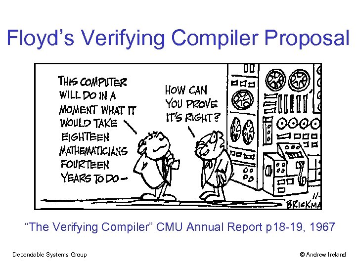 Floyd’s Verifying Compiler Proposal “The Verifying Compiler” CMU Annual Report p 18 -19, 1967