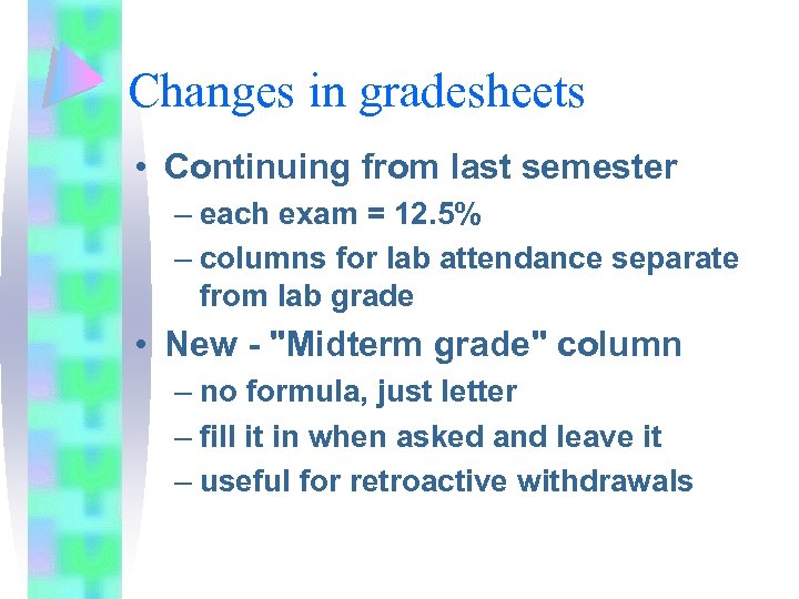 Changes in gradesheets • Continuing from last semester – each exam = 12. 5%