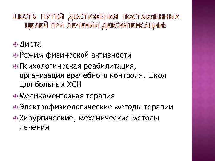  Диета Режим физической активности Психологическая реабилитация, организация врачебного контроля, школ для больных ХСН