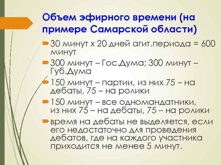 Объем эфирного времени (на примере Самарской области) 30 минут х 20 дней агит. периода