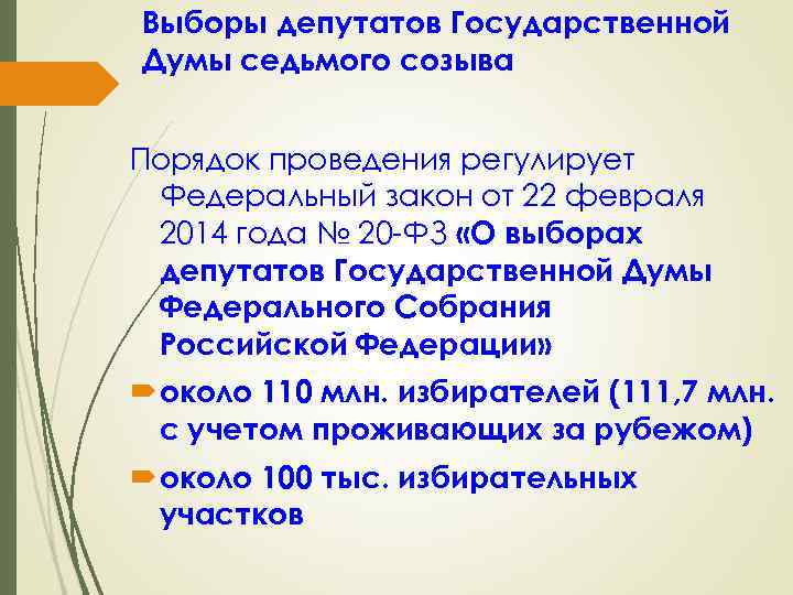 Выборы депутатов Государственной Думы седьмого созыва Порядок проведения регулирует Федеральный закон от 22 февраля