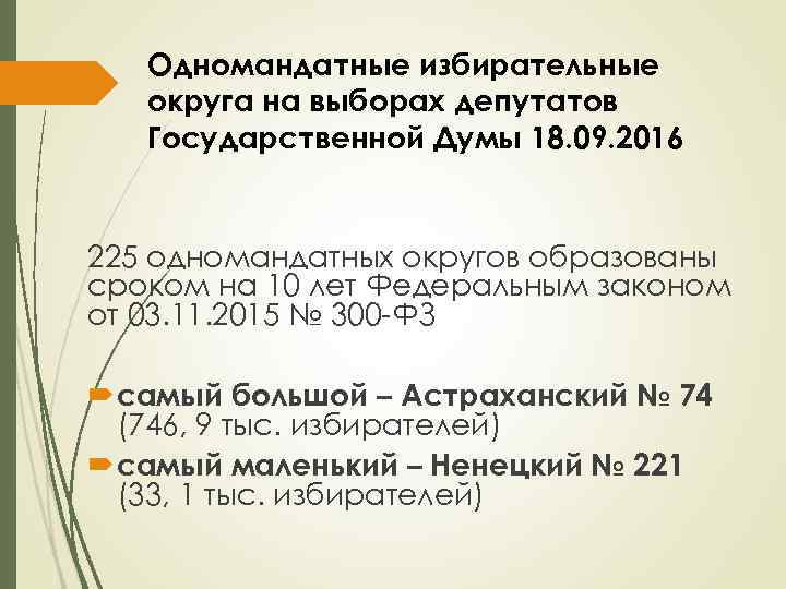 Одномандатные избирательные округа на выборах депутатов Государственной Думы 18. 09. 2016 225 одномандатных округов