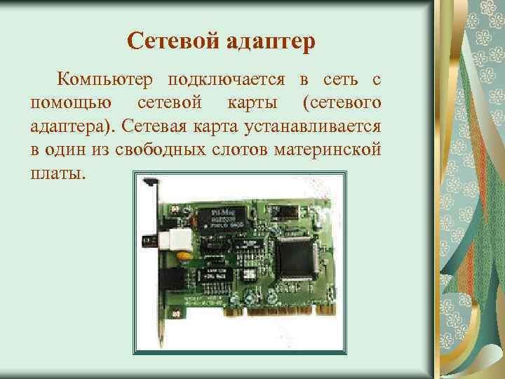 Сетевой адаптер Компьютер подключается в сеть с помощью сетевой карты (сетевого адаптера). Сетевая карта