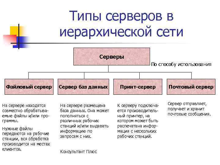 Типы серверов в иерархической сети Серверы По способу использования Файловый сервер На сервере находятся