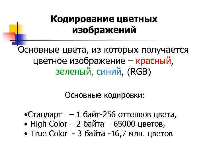 Кодирование цветных изображений Основные цвета, из которых получается цветное изображение – красный, зеленый, синий,
