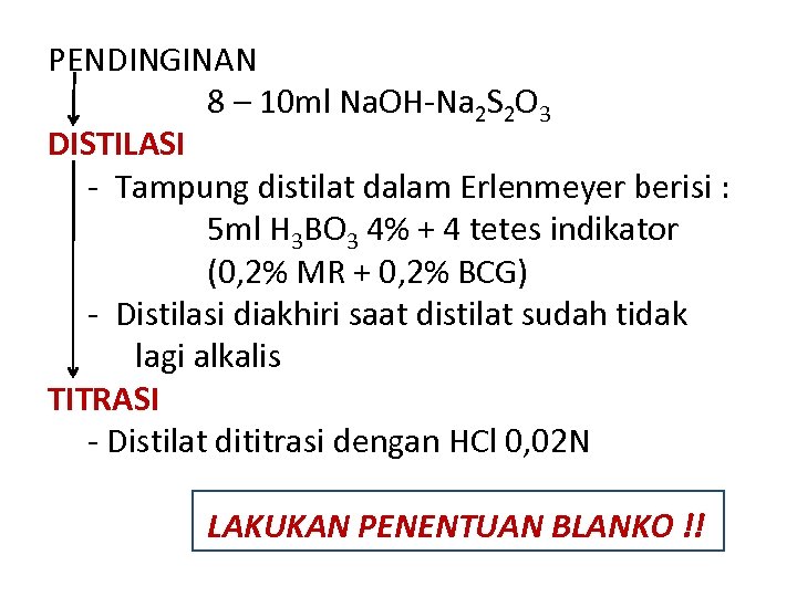 PENDINGINAN 8 – 10 ml Na. OH-Na 2 S 2 O 3 DISTILASI -