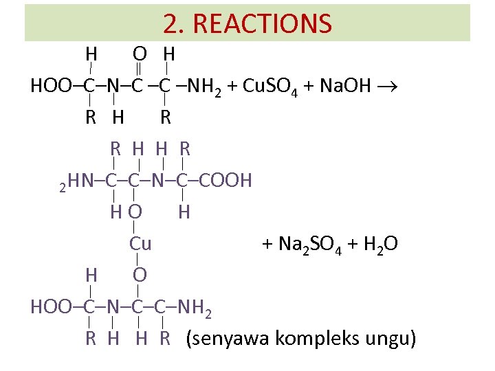 2. REACTIONS H O H HOO–C–N–C –C –NH 2 + Cu. SO 4 +