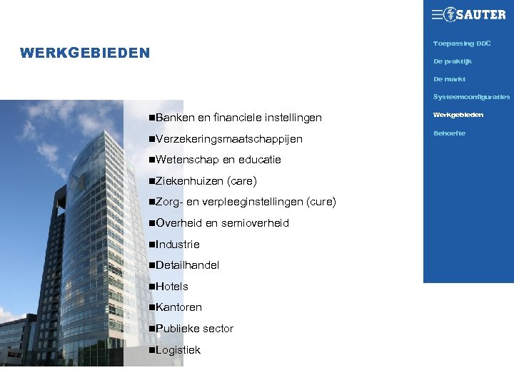 Toepassing DDC SAUTER TODAY WERKGEBIEDEN De praktijk De markt Systeemconfiguraties n. Banken en financiele