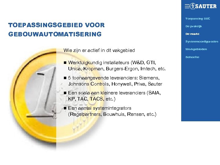 Toepassing DDC SAUTER TODAY TOEPASSINGSGEBIED VOOR GEBOUWAUTOMATISERING De praktijk De markt Systeemconfiguraties Wie zijn