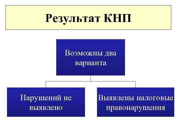 Результат КНП Возможны два варианта Нарушений не выявлено Выявлены налоговые правонарушения 