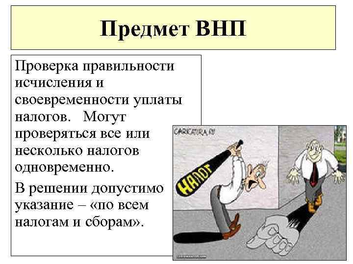 Предмет ВНП Проверка правильности исчисления и своевременности уплаты налогов. Могут проверяться все или несколько