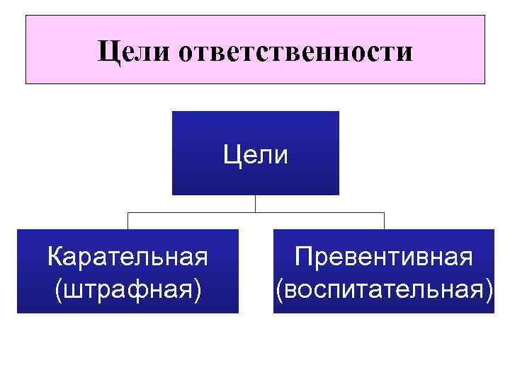 Цели ответственности Цели Карательная (штрафная) Превентивная (воспитательная) 