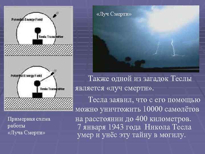  «Луч Смерти» Примерная схема работы «Луча Смерти» Также одной из загадок Теслы является