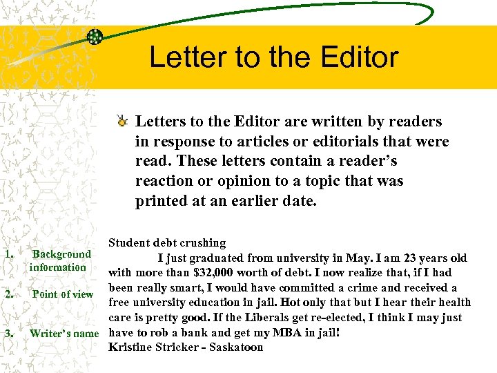 Letter to the Editor Letters to the Editor are written by readers in response