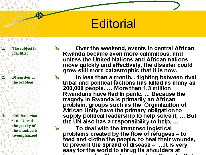 Editorial 1. The subject is identified 2. Discussion of the problem 3. Call for