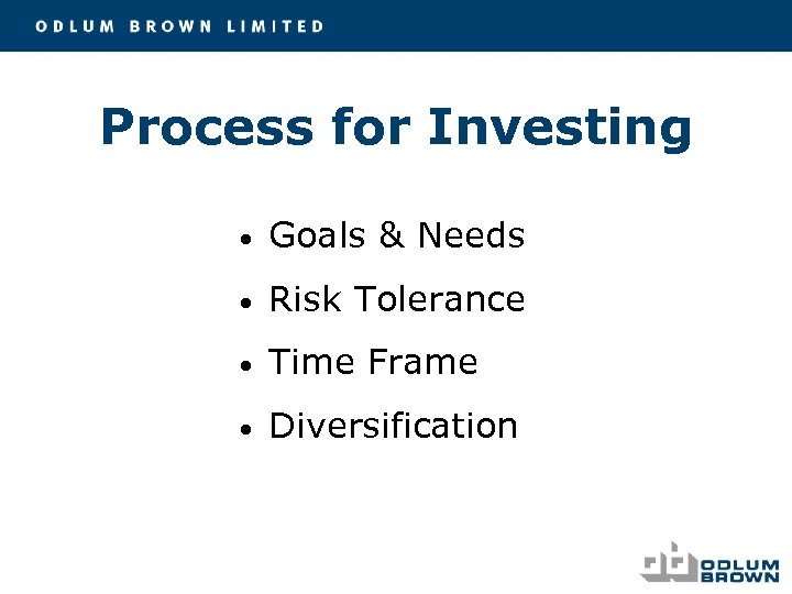 Process for Investing • Goals & Needs • Risk Tolerance • Time Frame •